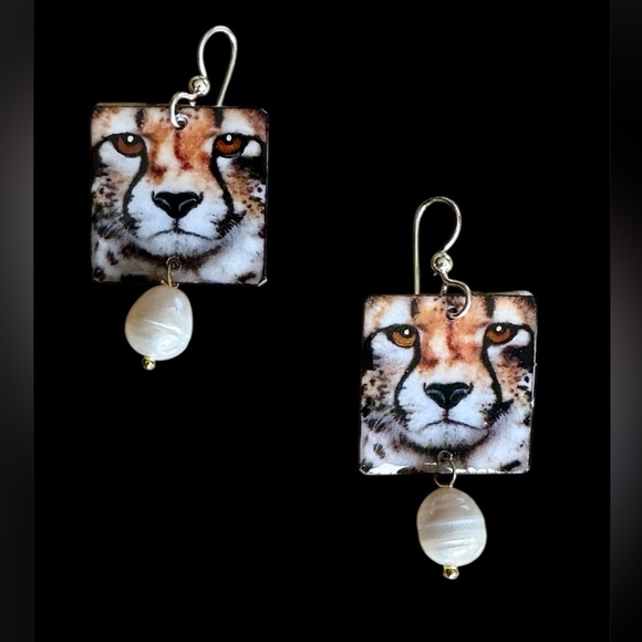 Handpainted African cheetah cat earrings. I use watercolor paper, super light - Picture 1 of 5